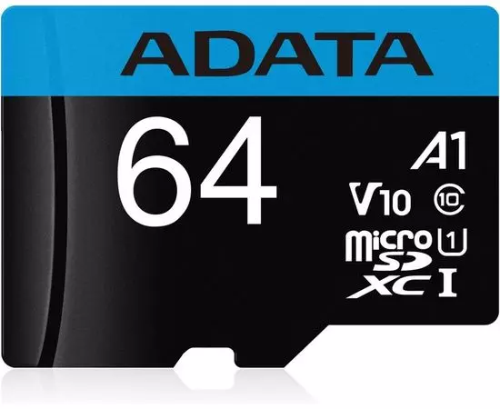 Карта памяти MicroSDXC 64GB Class 10 UHS-I U1 + адаптер (ADATA) (AUSDX64GUICL10A1-RA1)