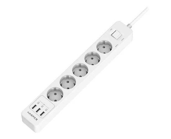 Сетевой фильтр 10 м. (5 розеток, с заземлением, 3 USB A 2.4A, HARPER) белый (UCH-510 White), фото 2
