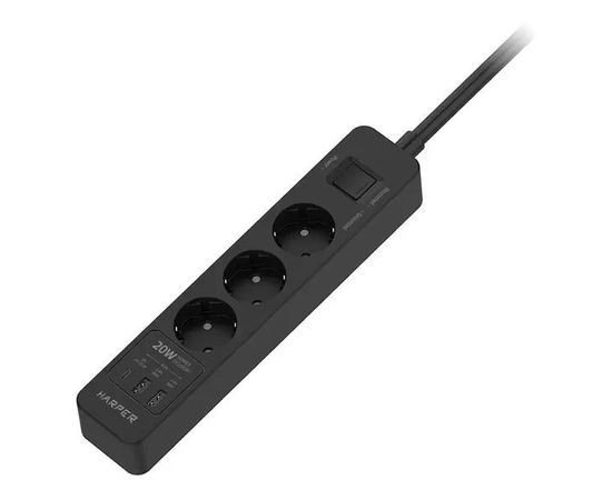 Сетевой фильтр 3м. (3 розеток, с заземлением, 1 Type-C PD 20W, 2 USB A 2.4A, HARPER) черный (UCH-430 Black PD3.0)