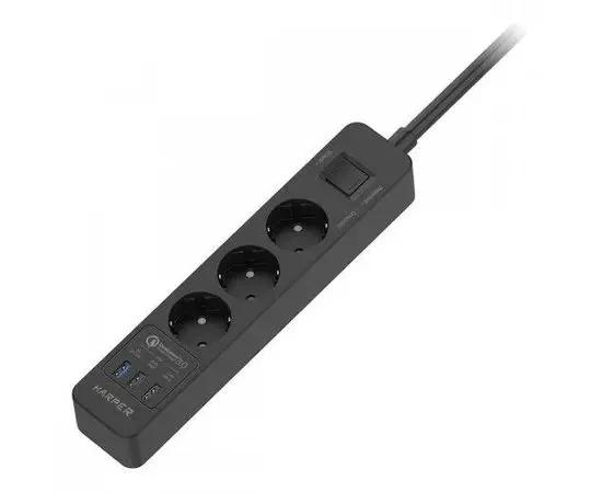 Сетевой фильтр 3м. (3 розеток, с заземлением, 1 USB A QC3.0, 2 USB A 2.4A, HARPER) черный (UCH-410 Black QC3.0)