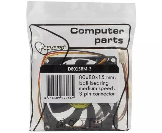 Кулер для корпуса Gembird 80x80x15, подшипник, 3 pin, провод 30 см (D8015BM-3), фото 4