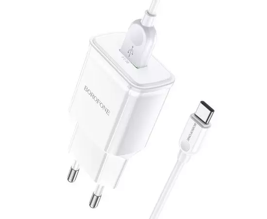 Зарядное устройство Borofone BA59A Heavenly, USB A, QC3.0 (18W), белый + каб. Type-C (6974443380217)