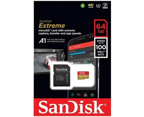 Карта памяти MicroSDXC 64GB Class 10 UHS-I U3 V30 A2 без адаптера (SanDisk, Extreme) (SDSQXAH-064G-GN6MN)