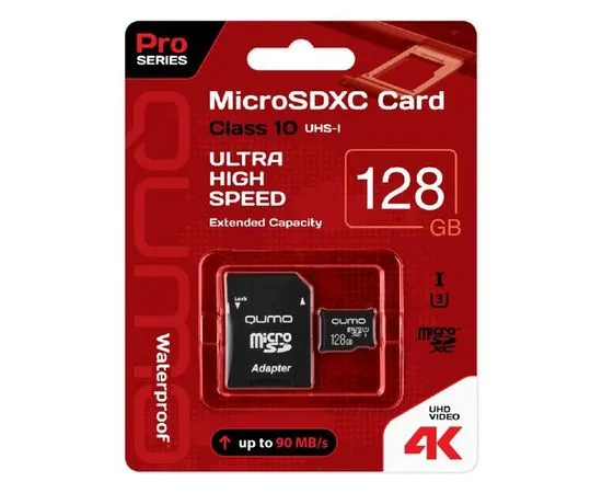 Карта памяти MicroSDXC 128Gb Class 10 UHS-I U3 + адаптер (QUMO, PRO Series красная  упаковка) (QM128GMICSDXC10U3)