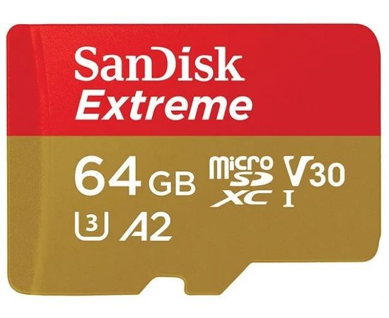 Карта памяти MicroSDXC 64GB Class 10 UHS-I U3 V30 A2 без адаптера (SanDisk, Extreme) (SDSQXAH-064G-GN6GN)