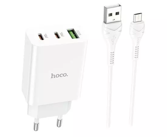 Зарядное устройство HOCO C99A, USB A+C+C, QC3.0, PD (20W), + кабель microUSB, белый (6931474767578)