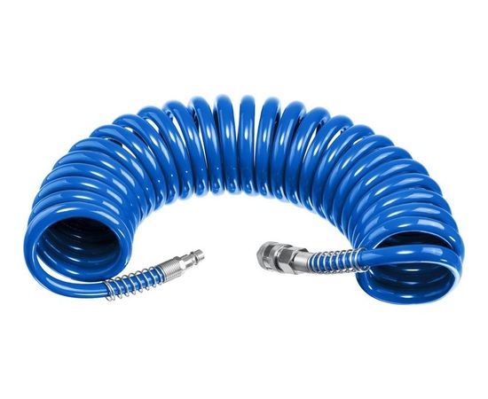 Воздушный спиральный шланг с фитингами рапид 5м, 6х8 мм, 15 бар, синий, ЗУБР Професиионал (6473-05)