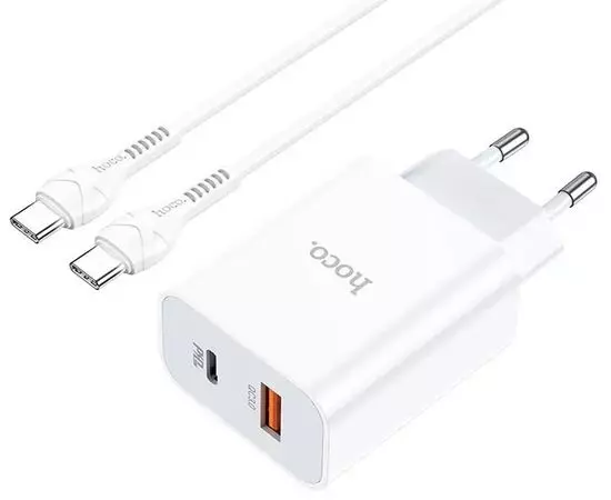Зарядное устройство HOCO C97A, USB A + С, PD (20W), QC3.0, + кабель Type-C - Type-C, белый (6931474766090)