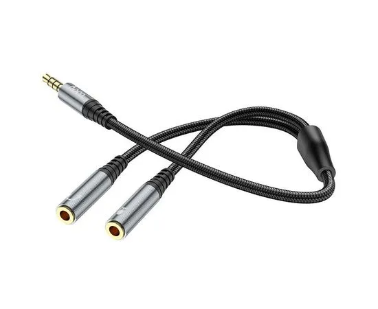 Кабель переходник Audio 3.5мм 4pin (m) -> 2 x 3.5мм (f) 0.25m (HOCO) UPA21, серый (6931474766809)