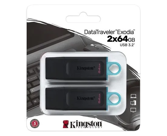 USB Flash-накопитель 64Gb USB 3.2 (KINGSTON, DataTraveler Exodia) Black/Teal, упаковка 2шт (DTX/64GB-2P), фото 4
