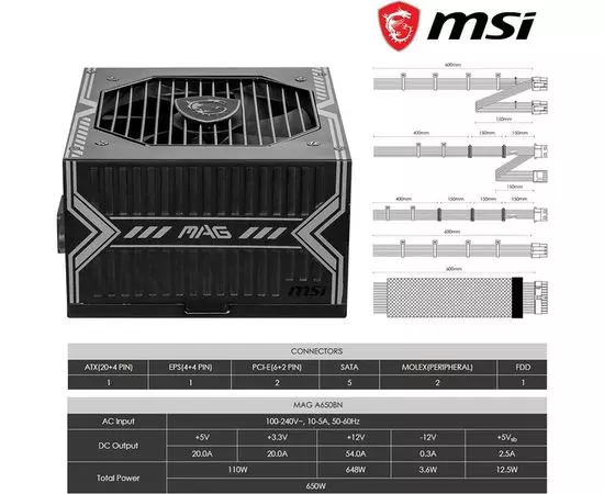 Блок питания 650W (MSI, MAG A650BN) (306-7ZP2B11-CE0), фото 2