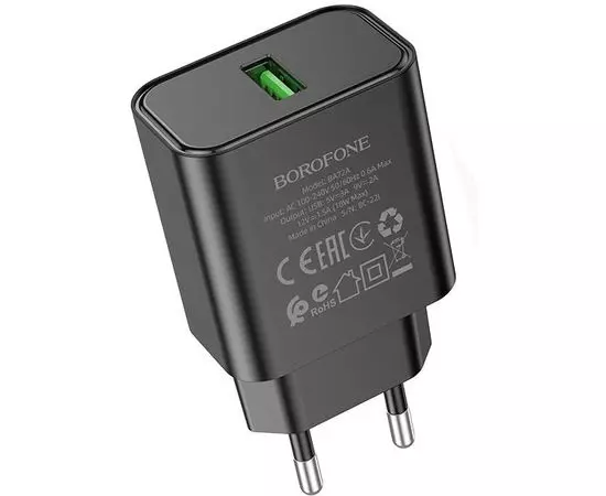 Зарядное устройство Borofone BA72A Spring, USB A, QC3.0, черный (6974443388541)