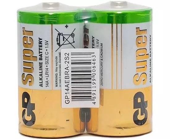 Батарейка C (LR14) GP Super - 2шт в упаковке, цена за 2шт., эконом.упаковка (GP14AEBRA-2S2)
