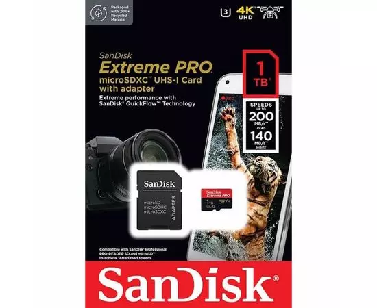 Карта памяти MicroSDXC 1Tb Class 10 UHS-I U3 A2 + адаптер (SanDisk Extreme Pro) (SDSQXCD-1T00-GN6MA)