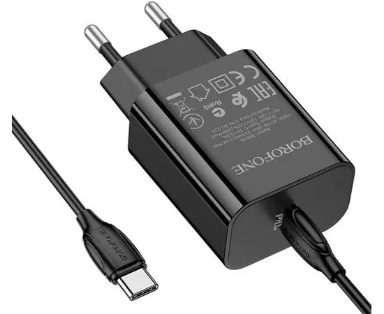 Зарядное устройство Borofone BA65A , USB C, PD (20W), черный + каб. Type-C - Type-C (6974443383942)