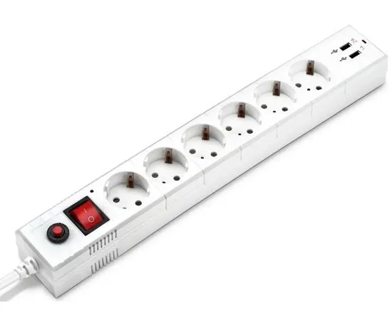 Сетевой фильтр 3 м. (BURO, 6 розеток, с/з, 2 USB A 2A) белый (BU-SP3_USB_2A-W 3M)