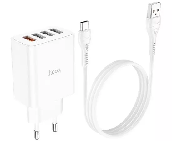 Зарядное устройство HOCO C102A Fuerza, USB A+A+A+A, QC 3.0 (18W), + кабель Type-C, белый (6931474777744)