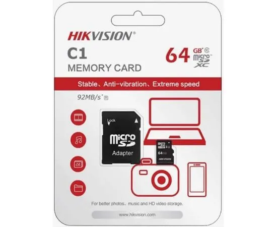 Карта памяти microSDXC 64Gb class 10 UHS-I U1 + адаптер (Hikvision HS-TF-C1) (HS-TF-C1(STD)/64G/ADAPTER)