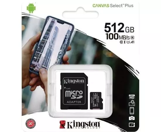 Карта памяти MicroSDXC 512Gb Class 10 UHS-I U3 + адаптер (Kingston Canvas Select) (SDCS2/512GB)