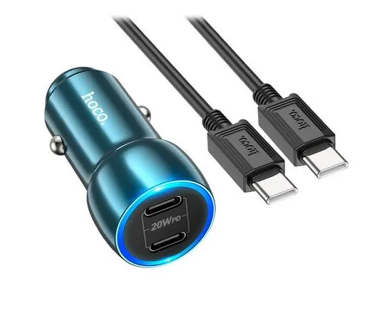 Автомобильное зарядное устройство HOCO Z48 Tough, USB C+C, QC3.0, PD(20W), синий+ кабель Type-C Type (6931474795045)