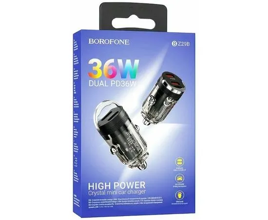Автомобильное зарядное устройство Borofone BZ29B , USB C+C, QC 3.0, PD 36W, черный (6941991108839), фото 2