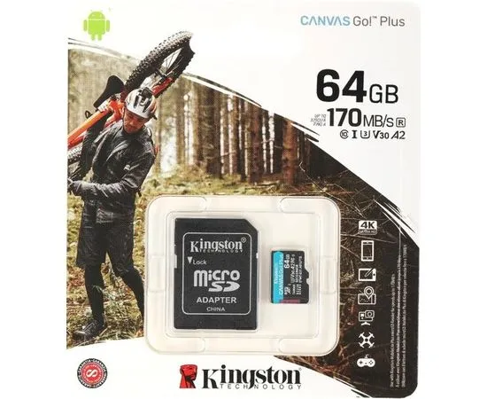Карта памяти MicroSDXC 64Gb Class 10 UHS-1 U3 A2 + адаптер (Kingston, Canvas Go Plus 170R) (SDCG3/64GB)