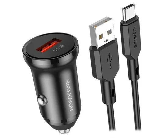 Автомобильное зарядное устройство Borofone BZ18, USB A, QC3.0 (18W), черный + кабель Type-C (6974443384864)