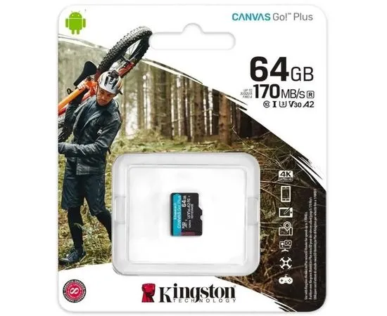 Карта памяти MicroSDXC 64Gb Class 10 UHS-1 U3 A2 без адаптера (Kingston, Canvas Go Plus 170R) (SDCG3/64GBSP), фото 2