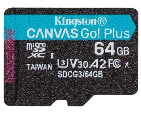 Карта памяти MicroSDXC 64Gb Class 10 UHS-1 U3 A2 без адаптера (Kingston, Canvas Go Plus 170R) (SDCG3/64GBSP)