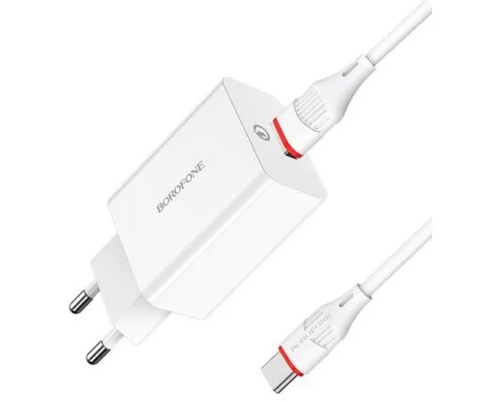 Зарядное устройство Borofone BA21A Long Journey, USB A, QC 3.0 (18W) + кабель Type-C, белый (6931474702487)
