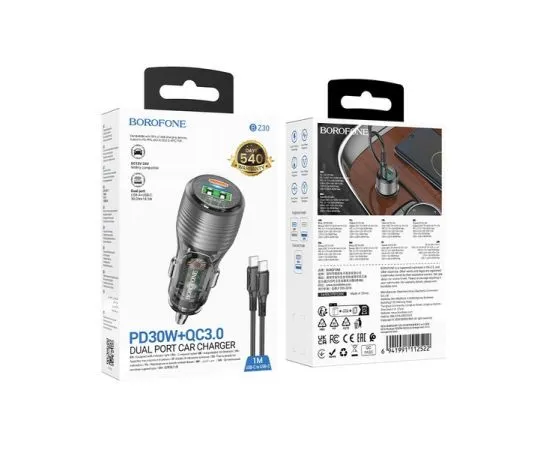 Автомобильное зарядное устройство Borofone BZ30 Absolute, USB A+C, QC3.0, PD(30W), черный + кабель (6941991112522), фото 2
