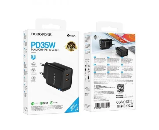 Зарядное устройство Borofone BA85A Flare, USB C+С, PD (35W), черный (6941991117459), фото 3