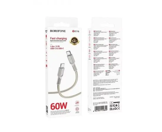 Кабель USB Type-C (M), 1m (Borofone) BX116 Certain PD (60W), серый, нейлон (6941991119859), Цвет: Серый, фото 3