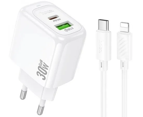 Зарядное устройство HOCO CS55A Surplus, USB A+C, PD (30W), QC3.0, + кабель Type-C - 8pin белый (6942007631556)