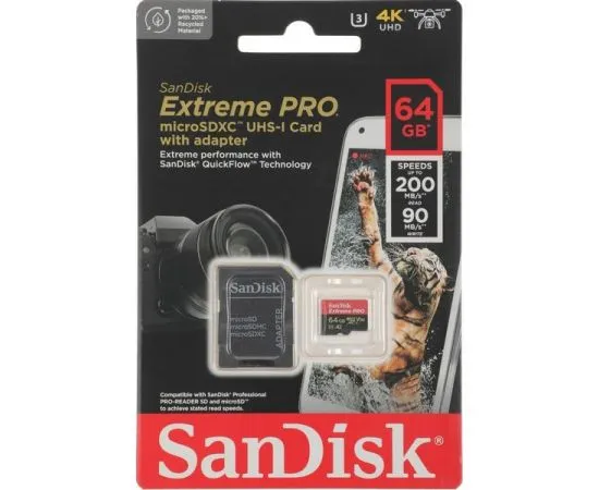 Карта памяти MicroSDXC 64GB Class 10 UHS-I U3 Extreme Pro + адаптер (SanDisk) (SDSQXCU-064G-GN6MA), фото 2
